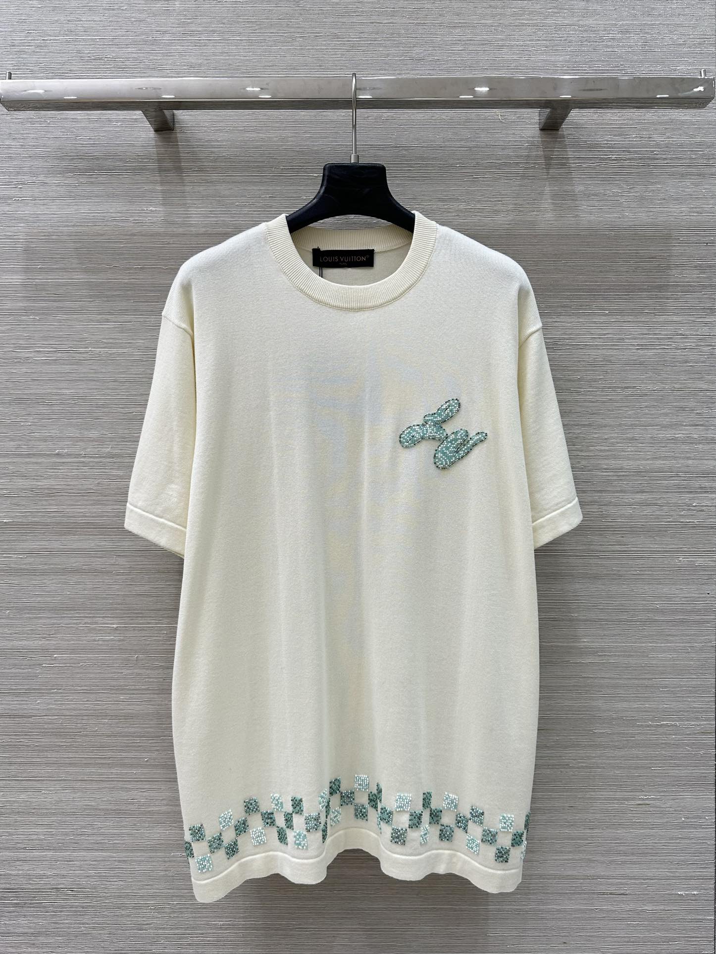 LV 25 Plaid Beading Embroidered Letters Casual T-Shirt White Beige Cotton