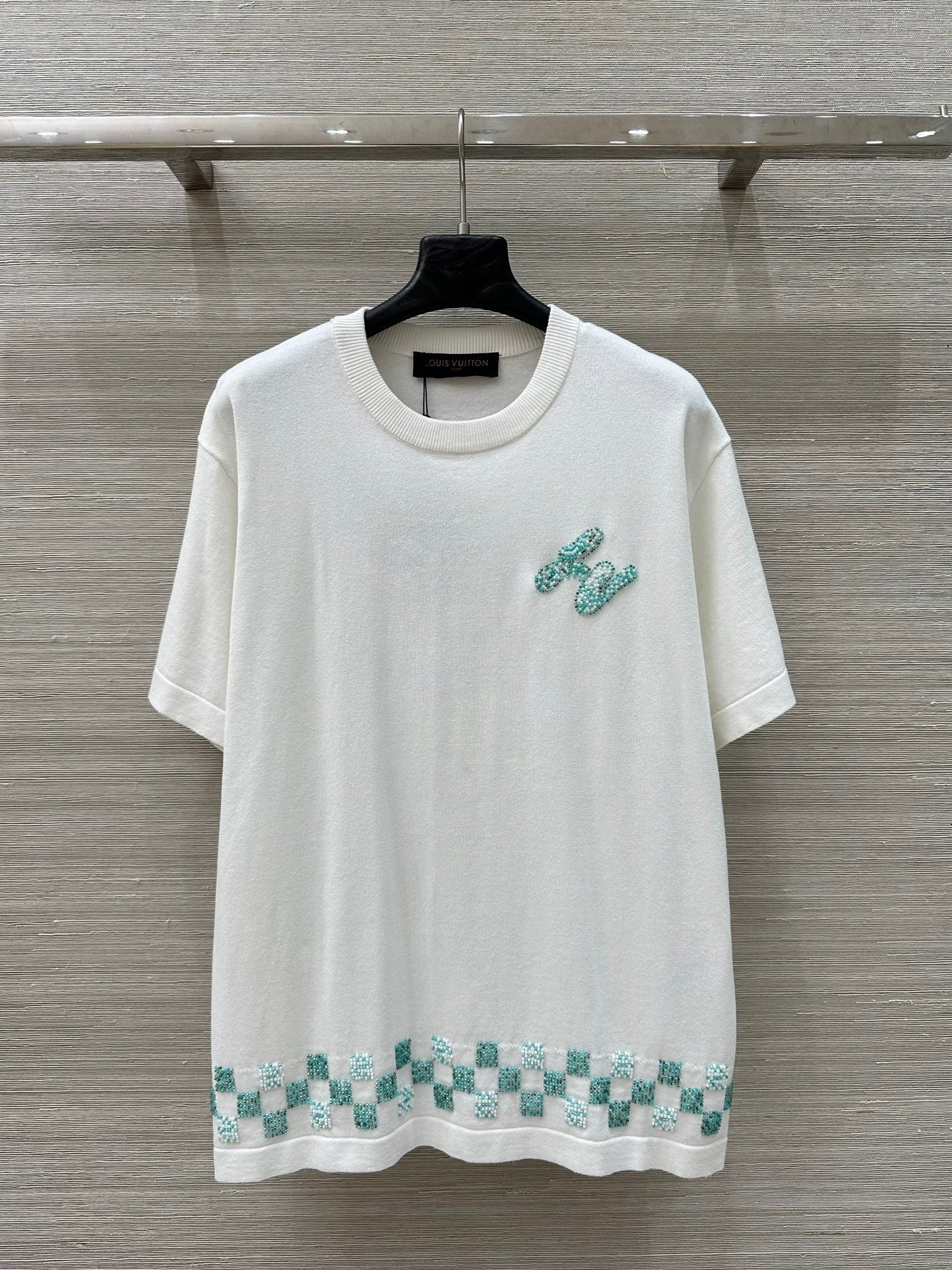 LV 25 Plaid Beading Embroidered Letters Casual T-Shirt White Beige Cotton